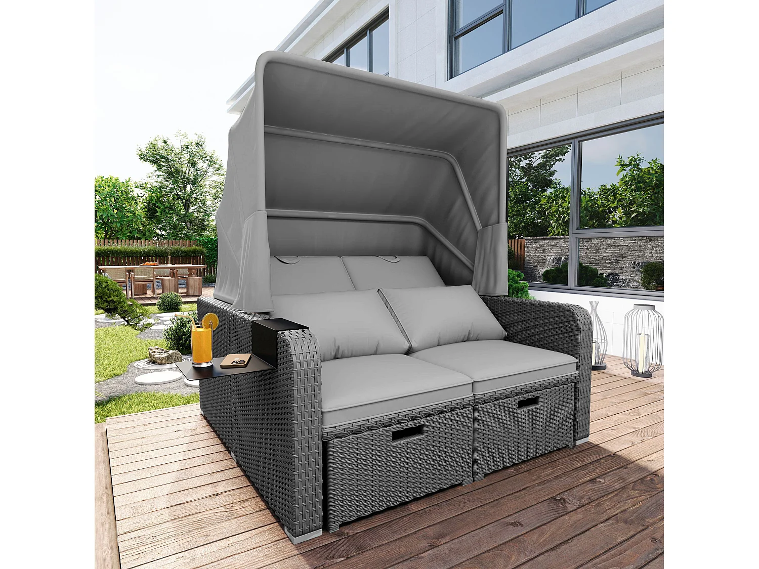 Lit de repos d'extérieur convertible 2 places en résine tressée avec auvente et table d'appoint - chaise longue - gris