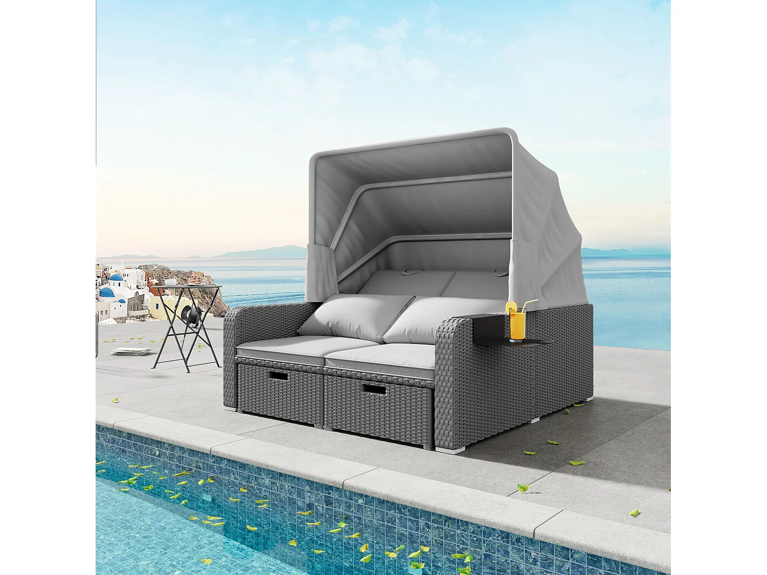 Lit de repos d'extérieur convertible 2 places en résine tressée avec auvente et table d'appoint - chaise longue - gris