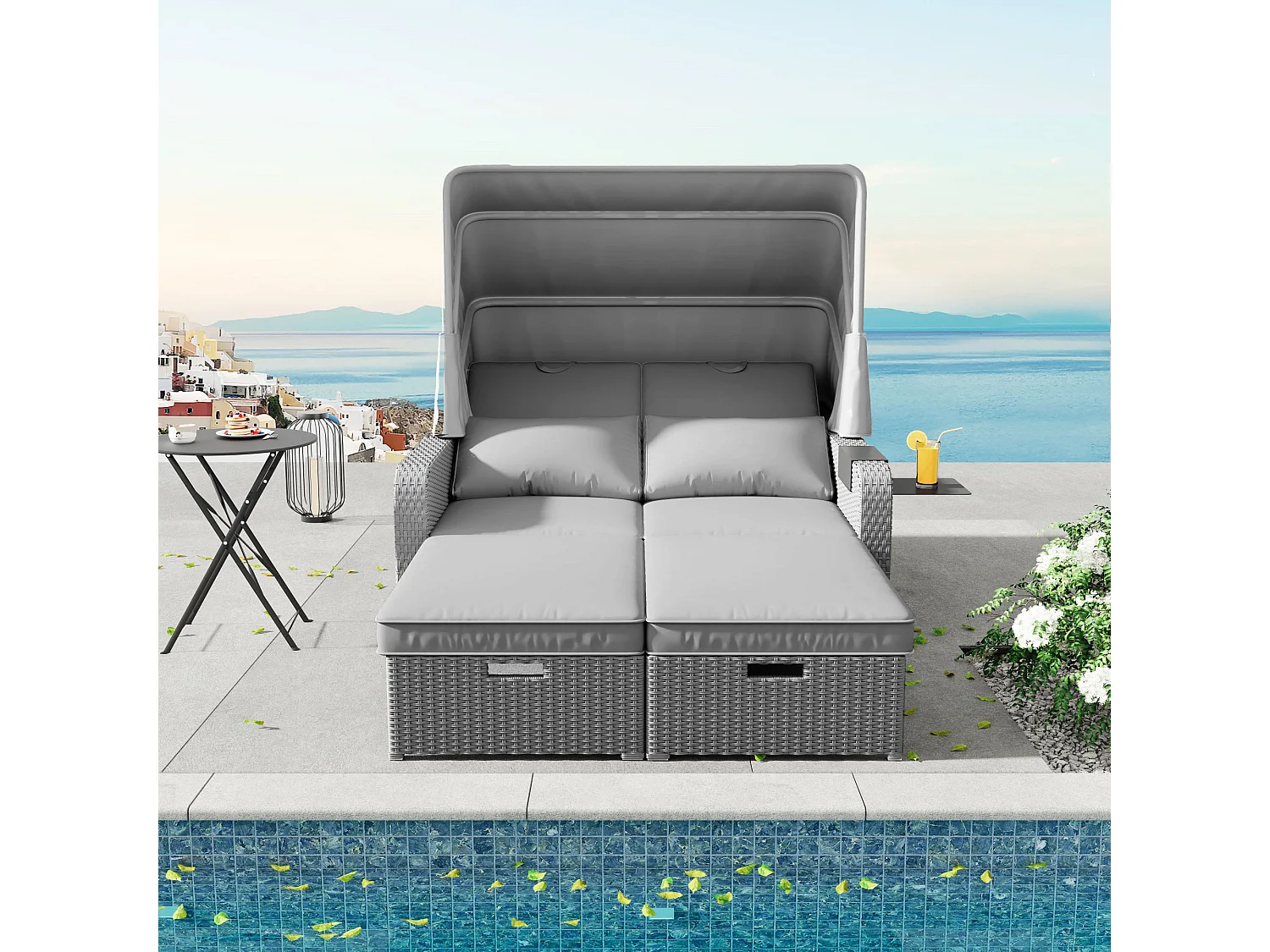 Lit de repos d'extérieur convertible 2 places en résine tressée avec auvente et table d'appoint - chaise longue - gris