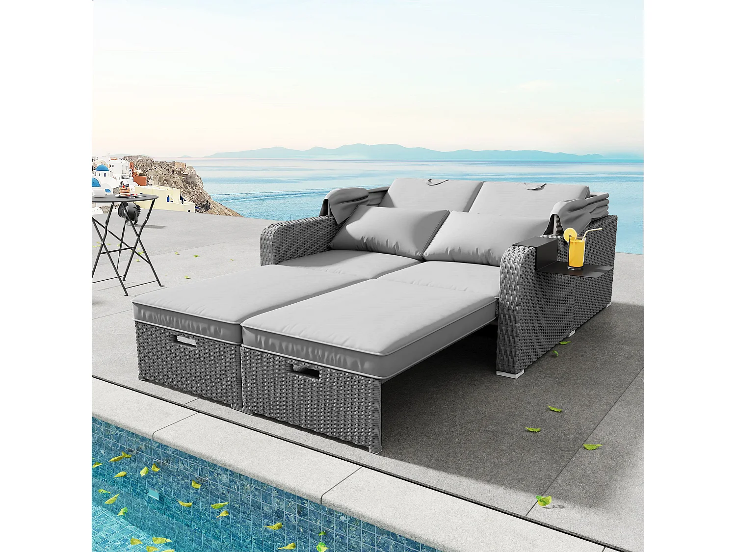 Lit de repos d'extérieur convertible 2 places en résine tressée avec auvente et table d'appoint - chaise longue - gris