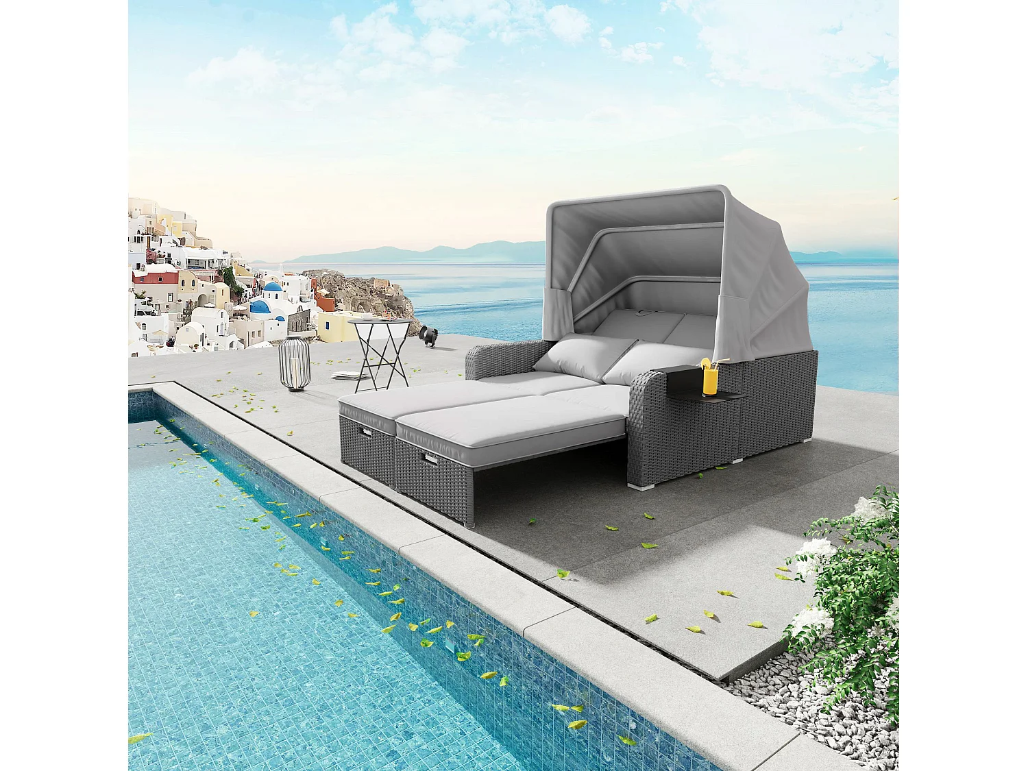 Lit de repos d'extérieur convertible 2 places en résine tressée avec auvente et table d'appoint - chaise longue - gris