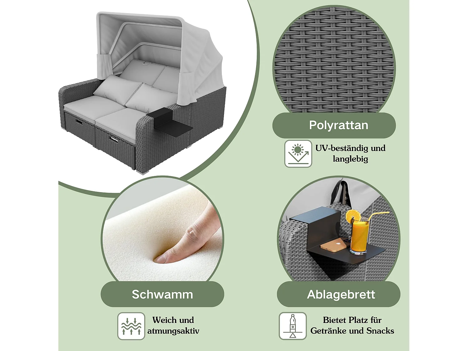 Lit de repos d'extérieur convertible 2 places en résine tressée avec auvente et table d'appoint - chaise longue - gris