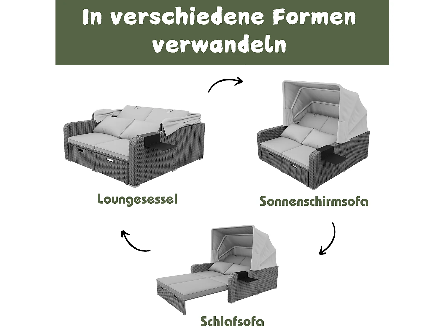 Lit de repos d'extérieur convertible 2 places en résine tressée avec auvente et table d'appoint - chaise longue - gris