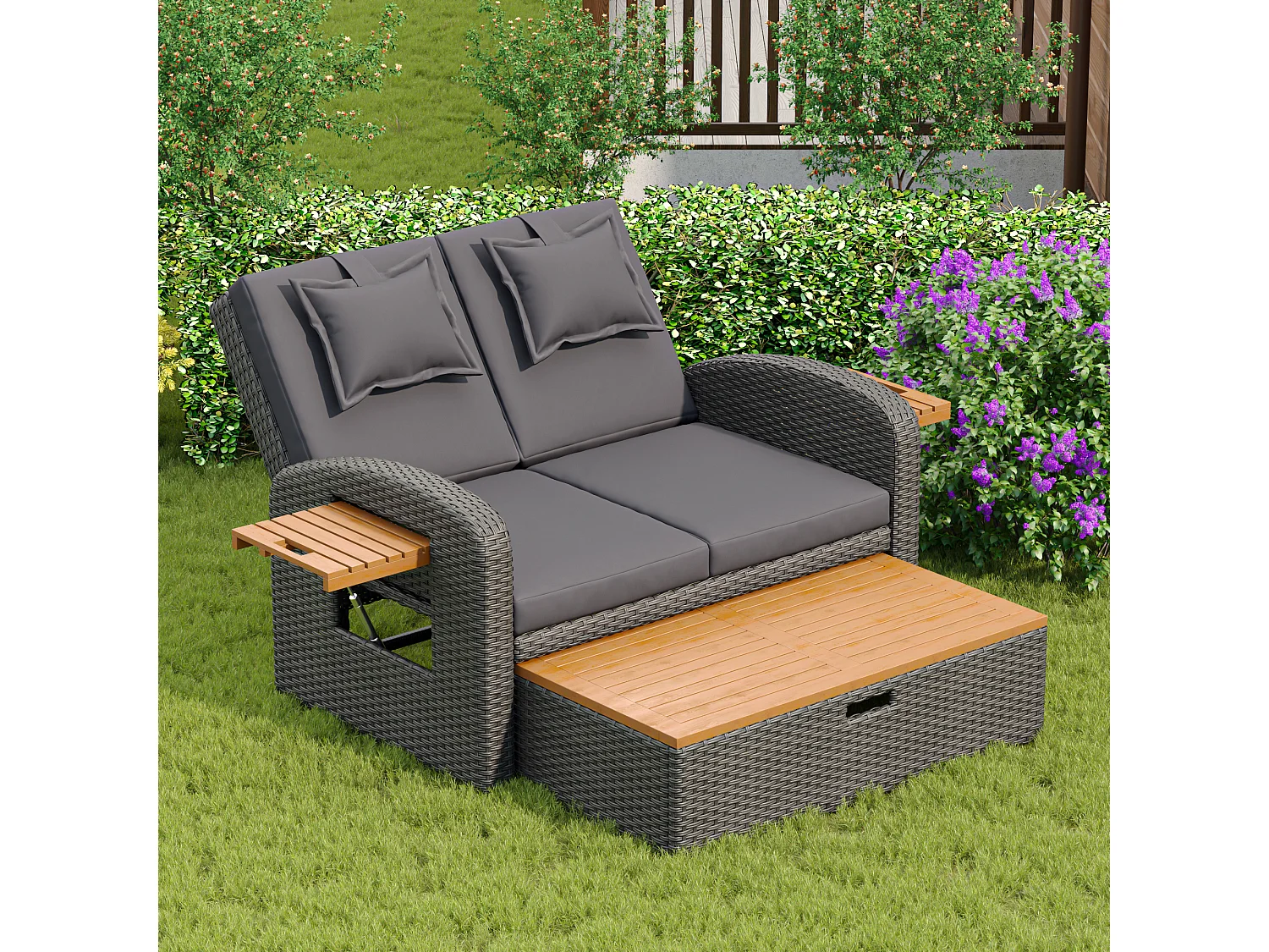 Divano letto trasformabile da esterno a 2 posti in resina intrecciata - tavolino - chaise longue - grigio