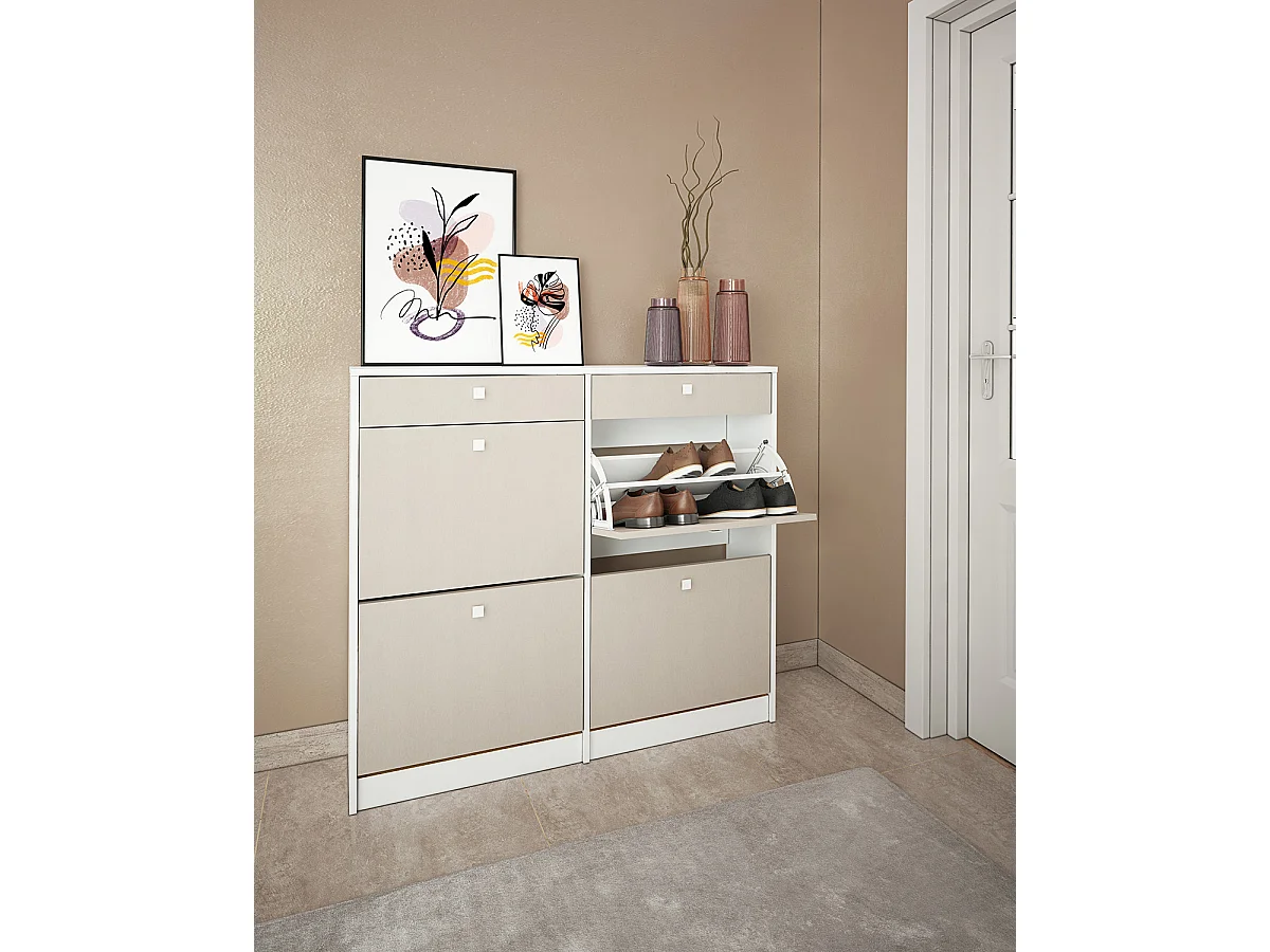 Meuble à chaussures, commode à chaussures avec 2 tiroirs et 4 abattants coloris Chêne Albar/ blanc  - Hauteur 104,3  x Longueur 116  x profondeur 27 cm