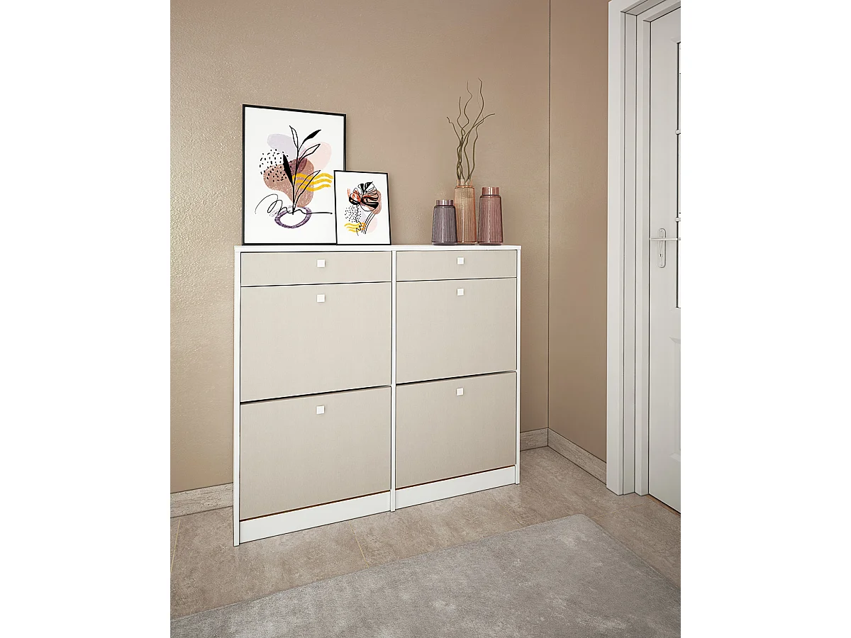 Meuble à chaussures, commode à chaussures avec 2 tiroirs et 4 abattants coloris Chêne Albar/ blanc  - Hauteur 104,3  x Longueur 116  x profondeur 27 cm