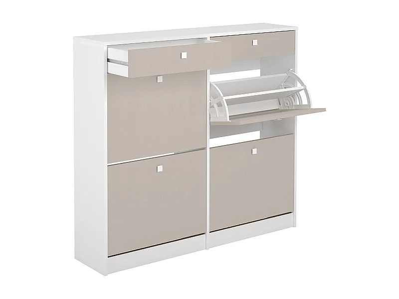 Meuble à chaussures, commode à chaussures avec 2 tiroirs et 4 abattants coloris Chêne Albar/ blanc  - Hauteur 104,3  x Longueur 116  x profondeur 27 cm