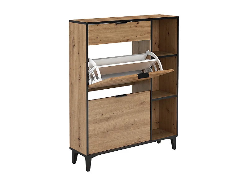 Meuble à chaussures, commode à chaussures avec 2 étagères coloris chêne - Hauteur 110,8  x Longueur 90 x profondeur  24,50 cm