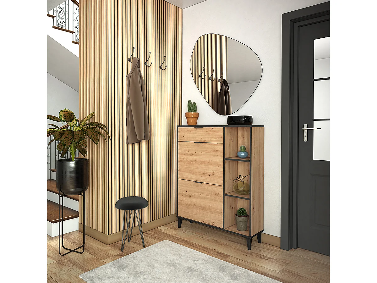 Meuble à chaussures, commode à chaussures avec 2 étagères coloris chêne - Hauteur 110,8  x Longueur 90 x profondeur  24,50 cm