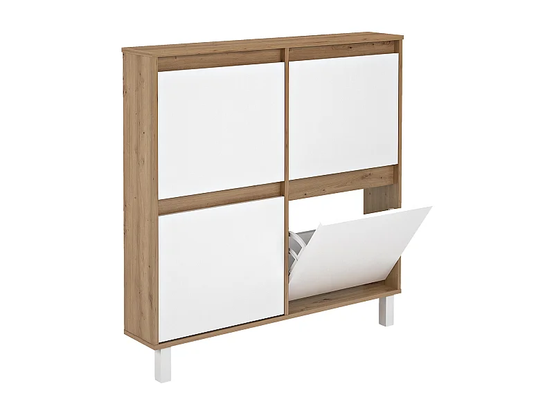Meuble à chaussures, commode à chaussures avec 4 portes coloris chêne, blanc - Hauteur 110  x Longueur 110 x profondeur 20 cm