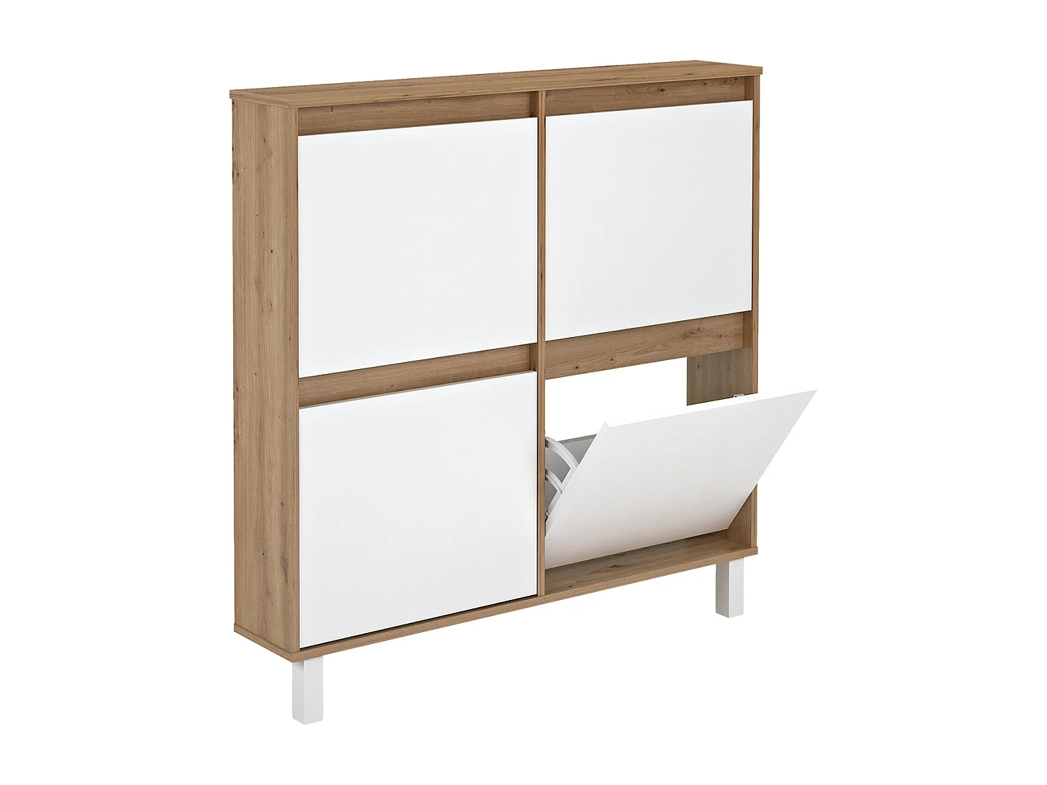 Meuble à chaussures, commode à chaussures avec 4 portes coloris chêne, blanc - Hauteur 110  x Longueur 110 x profondeur 20 cm