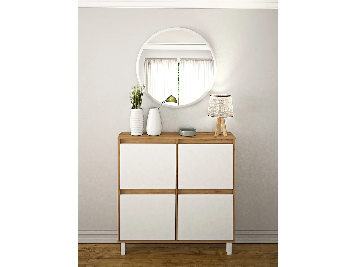 Meuble à chaussures, commode à chaussures avec 4 portes coloris chêne, blanc - Hauteur 110  x Longueur 110 x profondeur 20 cm