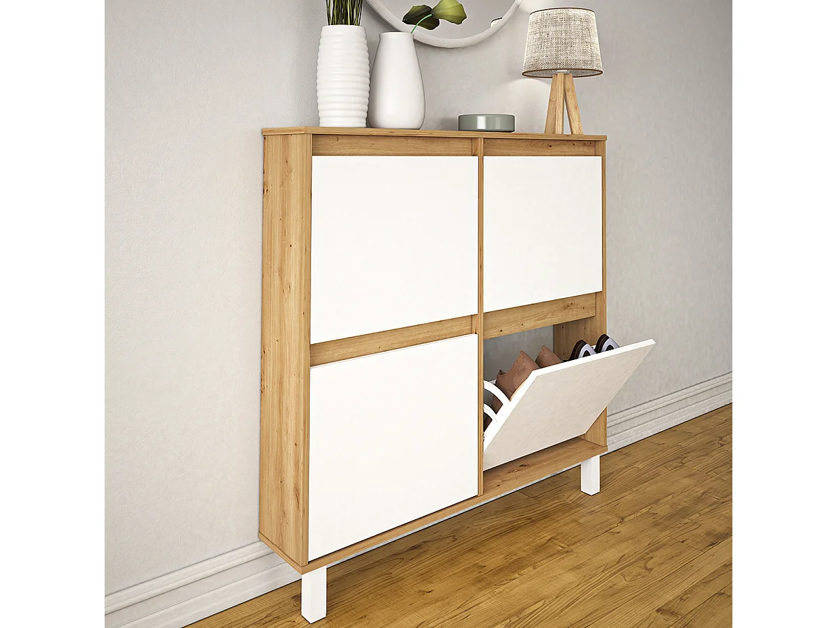 Meuble à chaussures, commode à chaussures avec 4 portes coloris chêne, blanc - Hauteur 110  x Longueur 110 x profondeur 20 cm