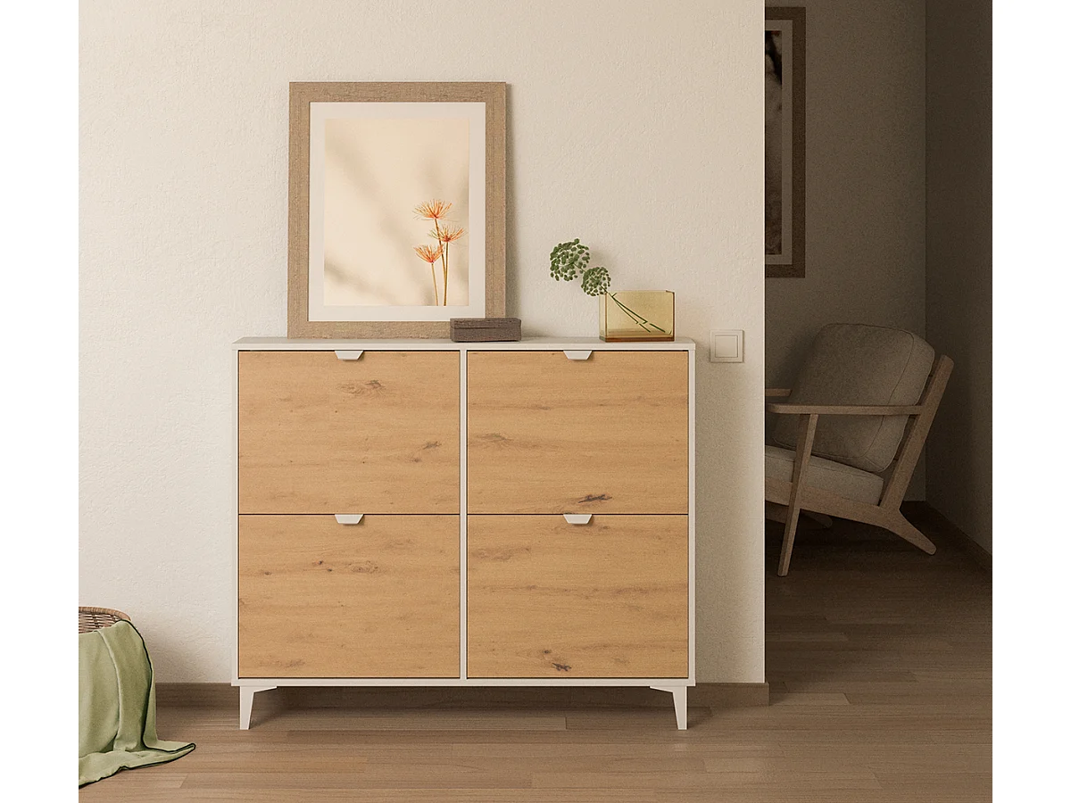 Meuble à chaussures, commode à chaussures coloris blanc, chêne - Hauteur 97 x Longueur 116 x profondeur 20 cm