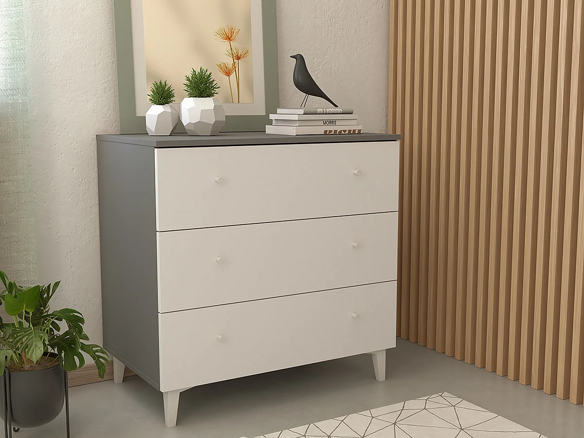 Commode, meuble de rangement avec 3 tiroirs coloris gris, blanc -  Hauteur 78  x Longueur 80 x profondeur 48  cm