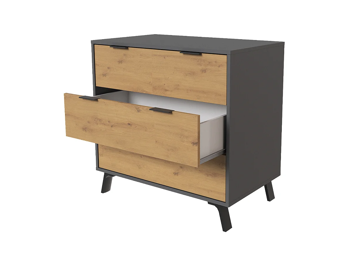 Commode, meuble de rangement avec 3 tiroirs coloris gris, chêne - Hauteur 78 x Longueur 80 x profondeur 48 cm