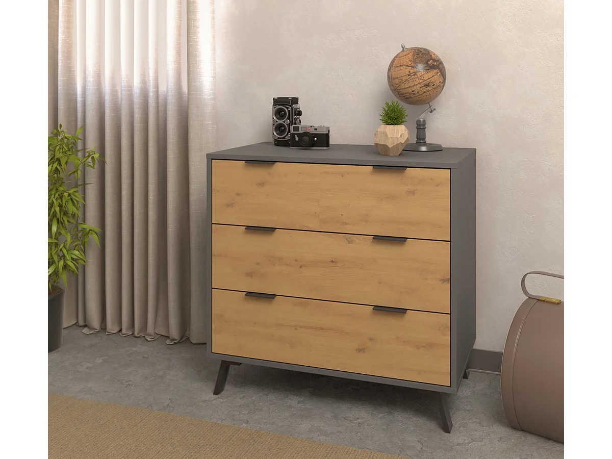 Commode, meuble de rangement avec 3 tiroirs coloris gris, chêne - Hauteur 78 x Longueur 80 x profondeur 48 cm