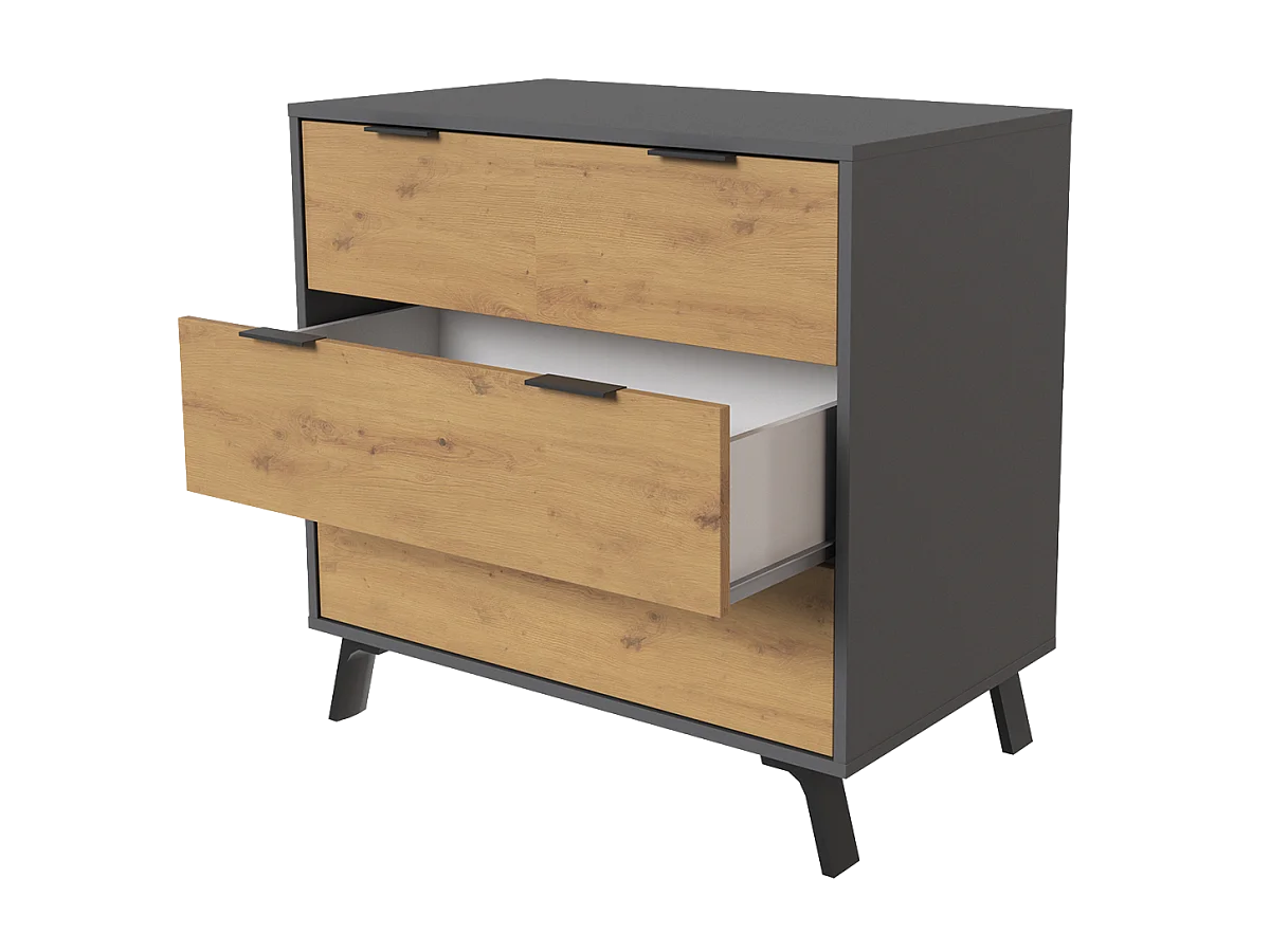 Commode, meuble de rangement avec 3 tiroirs coloris gris, chêne - Hauteur 78 x Longueur 80 x profondeur 48 cm