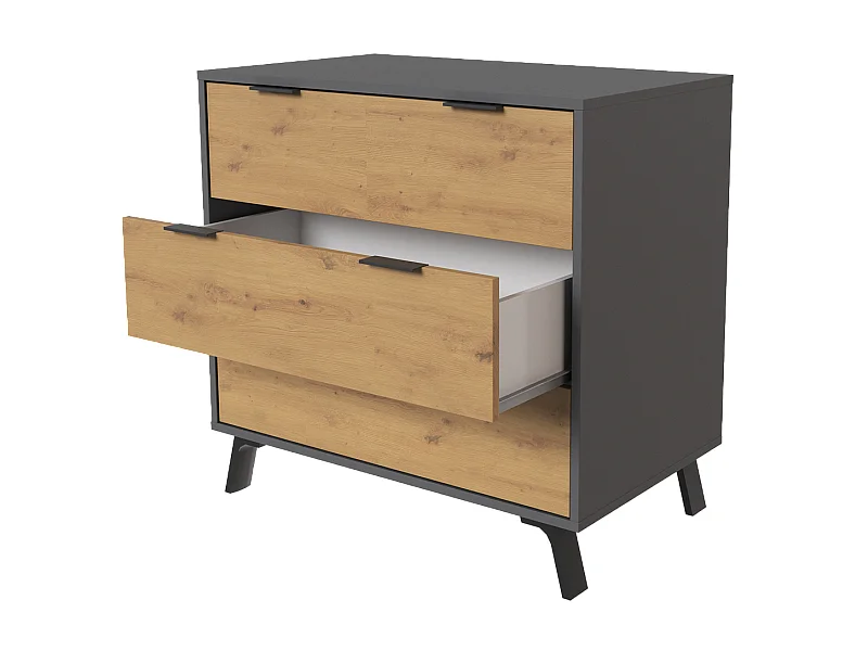 Commode, meuble de rangement avec 3 tiroirs coloris gris, chêne - Hauteur 78 x Longueur 80 x profondeur 48 cm