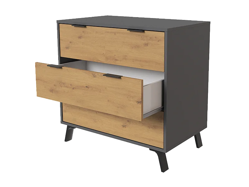 Commode, meuble de rangement avec 3 tiroirs coloris gris, chêne - Hauteur 78 x Longueur 80 x profondeur 48 cm