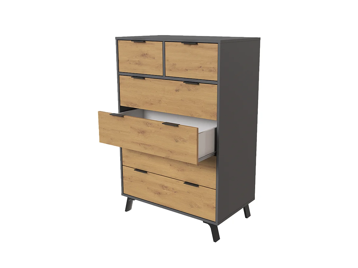 Commode, meuble de rangement avec 6 tiroirs coloris gris, chêne - Hauteur 122 x Longueur 80 x profondeur 48 cm