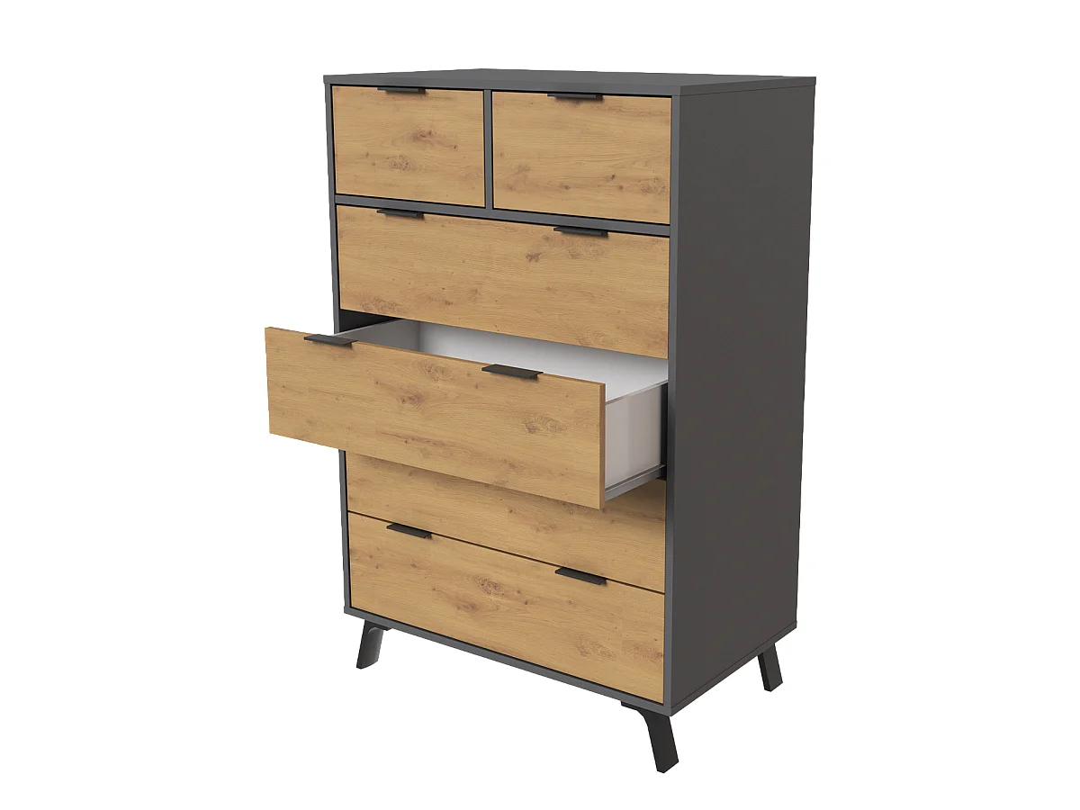 Commode, meuble de rangement avec 6 tiroirs coloris gris, chêne - Hauteur 122 x Longueur 80 x profondeur 48 cm