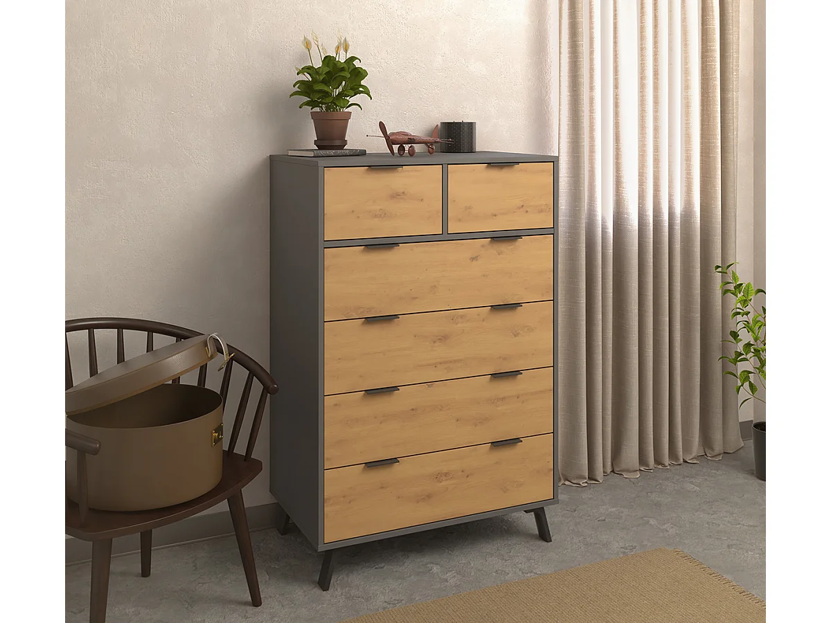 Commode, meuble de rangement avec 6 tiroirs coloris gris, chêne - Hauteur 122 x Longueur 80 x profondeur 48 cm