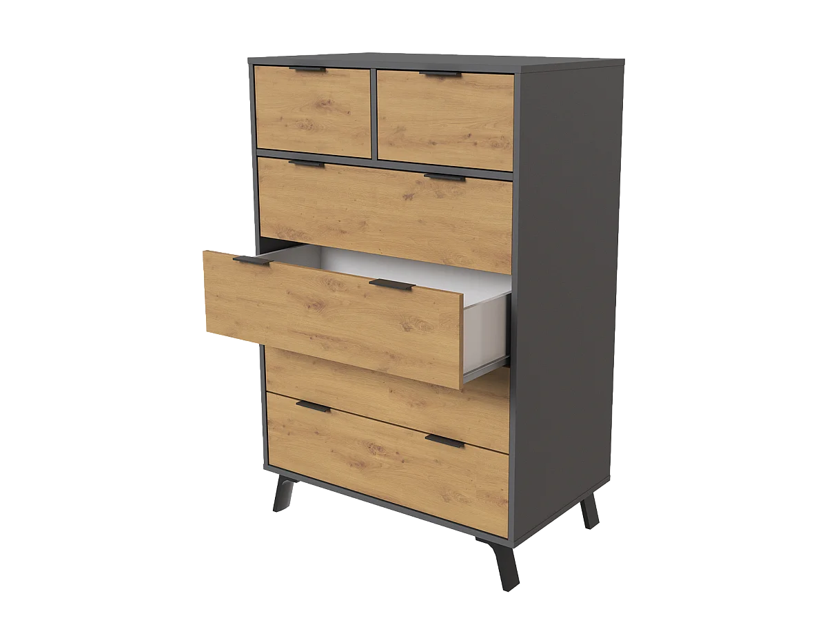 Commode, meuble de rangement avec 6 tiroirs coloris gris, chêne - Hauteur 122 x Longueur 80 x profondeur 48 cm