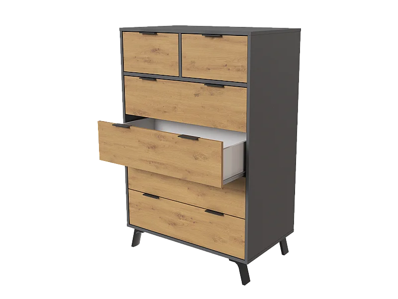 Commode, meuble de rangement avec 6 tiroirs coloris gris, chêne - Hauteur 122 x Longueur 80 x profondeur 48 cm