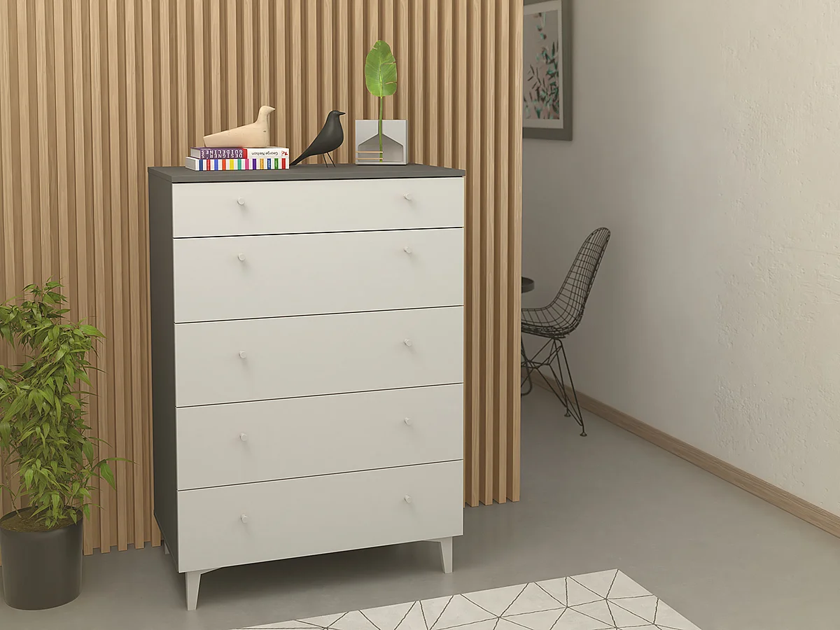 Commode, meuble de rangement avec 5 tiroirs coloris gris, blanc - Hauteur 114 x Longueur 80 x profondeur 48 cm