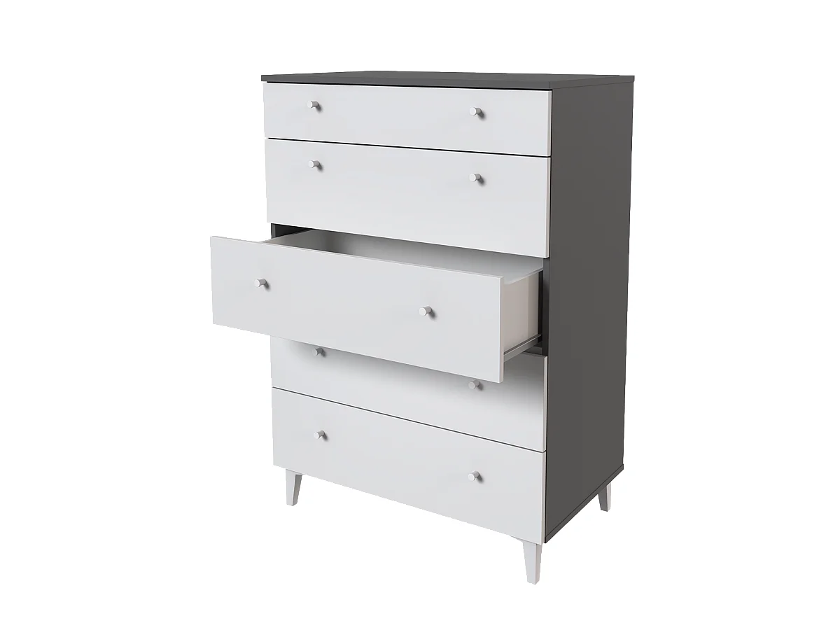 Commode, meuble de rangement avec 5 tiroirs coloris gris, blanc - Hauteur 114 x Longueur 80 x profondeur 48 cm