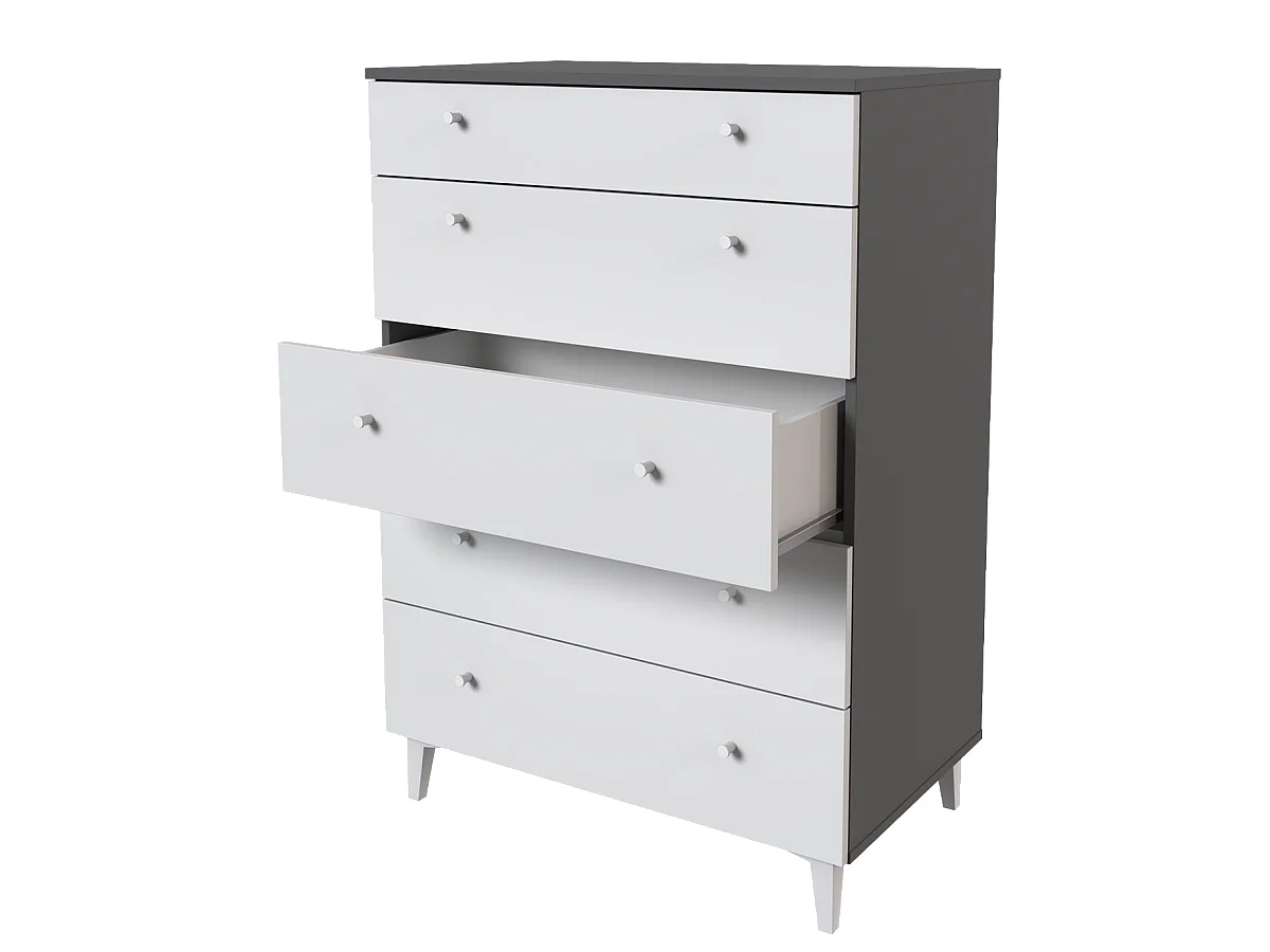 Commode, meuble de rangement avec 5 tiroirs coloris gris, blanc - Hauteur 114 x Longueur 80 x profondeur 48 cm