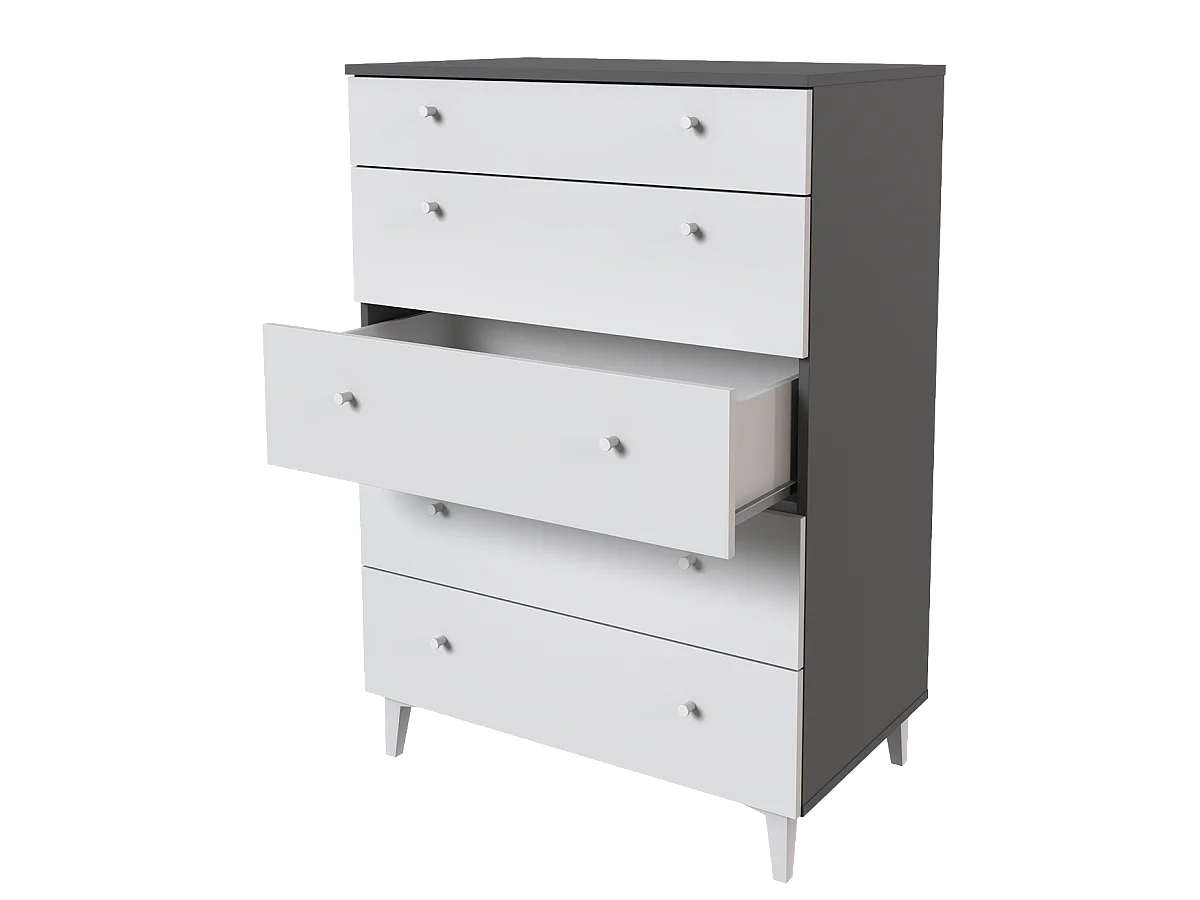 Commode, meuble de rangement avec 5 tiroirs coloris gris, blanc - Hauteur 114 x Longueur 80 x profondeur 48 cm