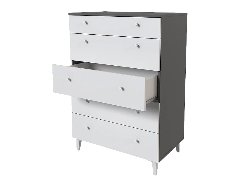 Commode, meuble de rangement avec 5 tiroirs coloris gris, blanc - Hauteur 114 x Longueur 80 x profondeur 48 cm