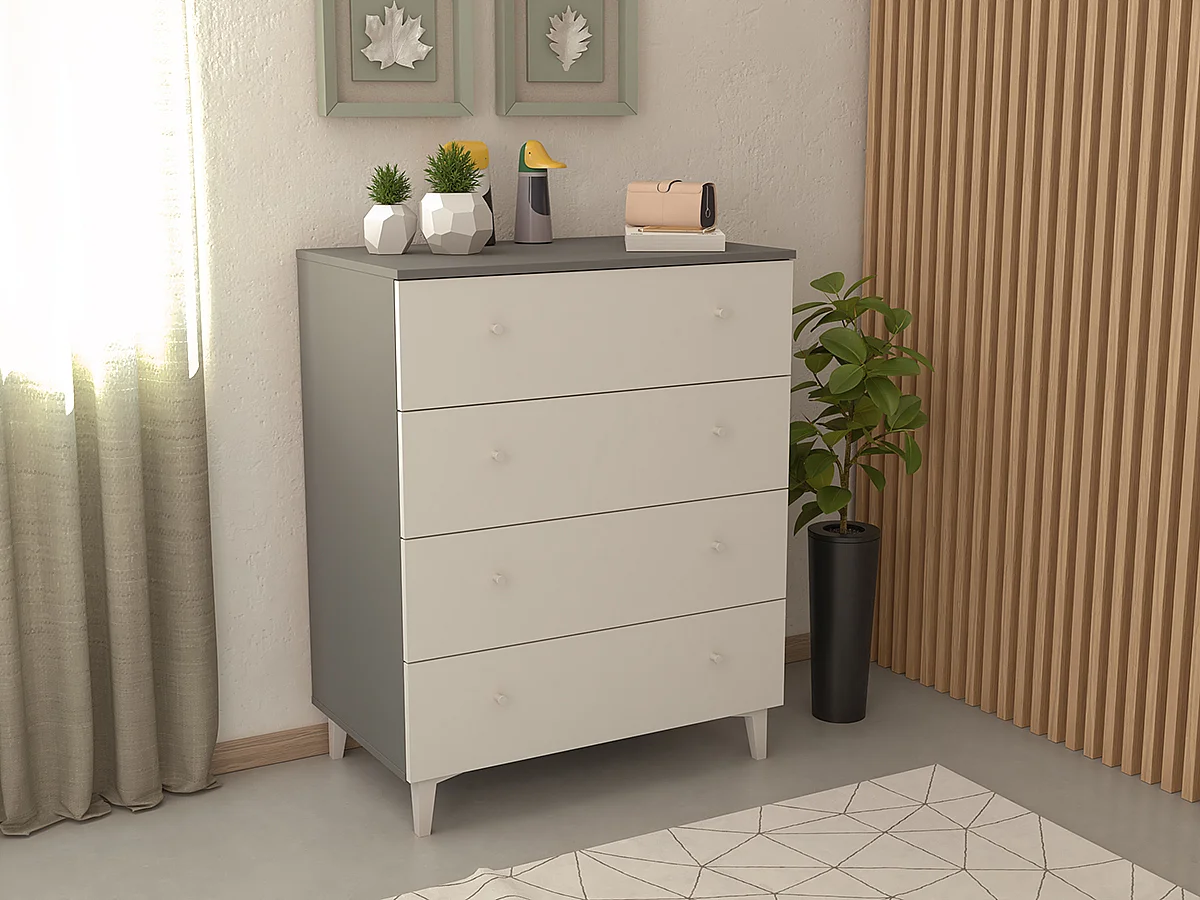 Commode, meuble de rangement avec 4 tiroirs coloris gris, blanc  - Hauteur 100 x Longueur 80  x profondeur 48 cm