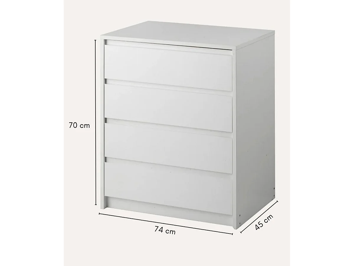 Commode, Meuble de rangement avec 4 tiroirs coloris blanc - Hauteur 74 x Longueur 70 x profondeur 45 cm