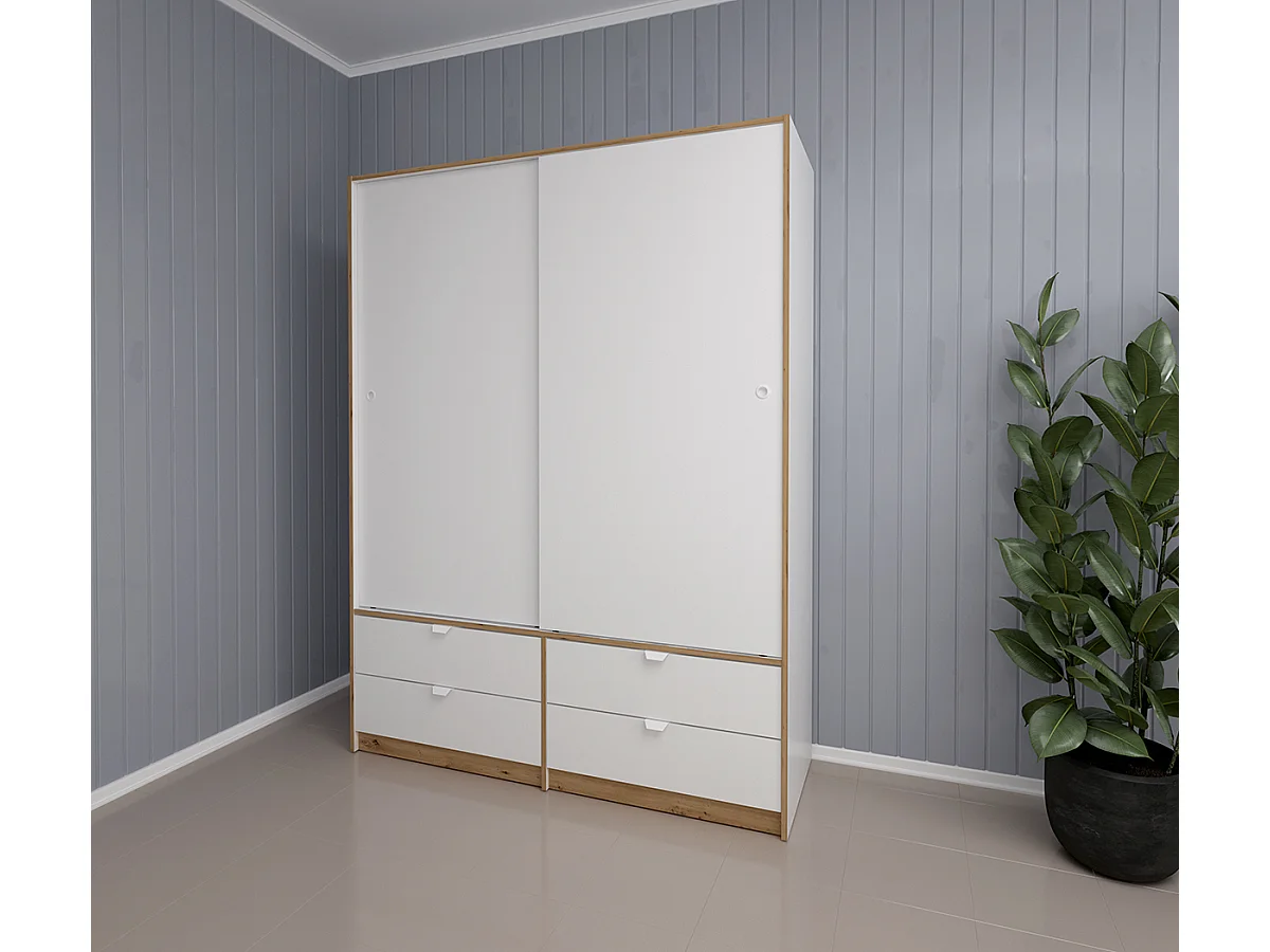 Meuble de rangement, armoire de rangement coloris chêne, blanc -  Hauteur 200 x Longueur 150 x profondeur 55 cm