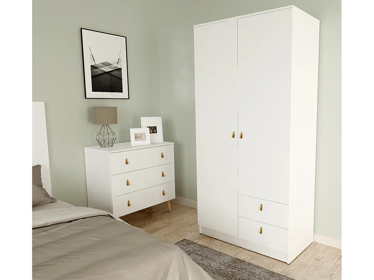 Armoire, meuble de rangement avec 2 portes et 2 tiroirs coloris blanc - Hauteur 200 x Longueur 100 x profondeur 51 cm