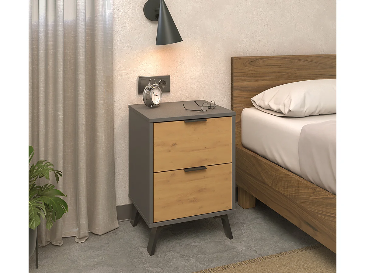 Table de chevet, table de nuit avec 2 tiroirs coloris gris, chêne - Hauteur 57 x Longueur  40 x profondeur 35 cm