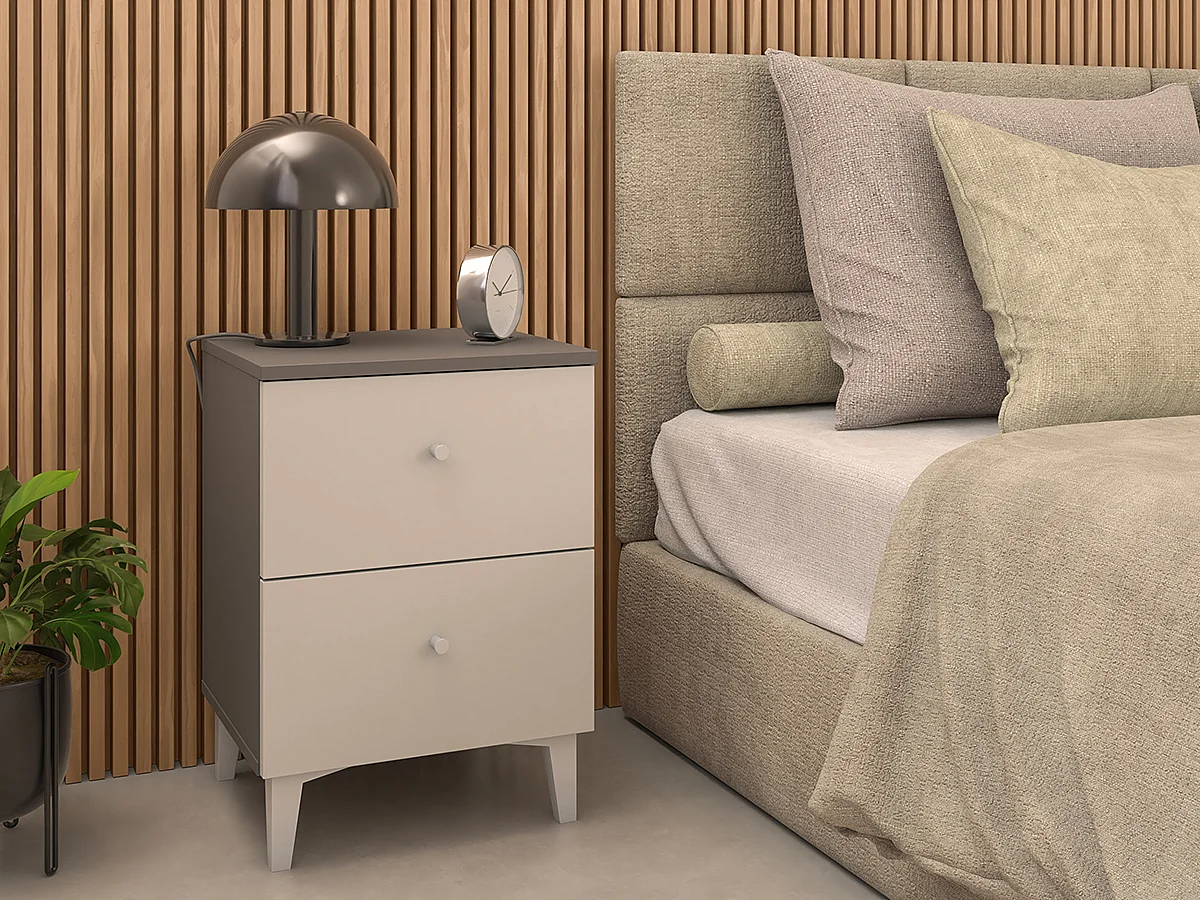 Table de chevet, table de nuit avec 2 tiroirs coloris gris, blanc  - Hauteur 56 x Longueur 40 x profondeur 35 cm