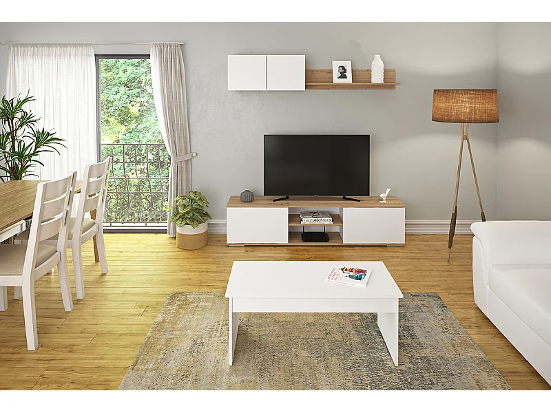 Ensemble de salon, ensemble de séjour coloris chêne, blanc