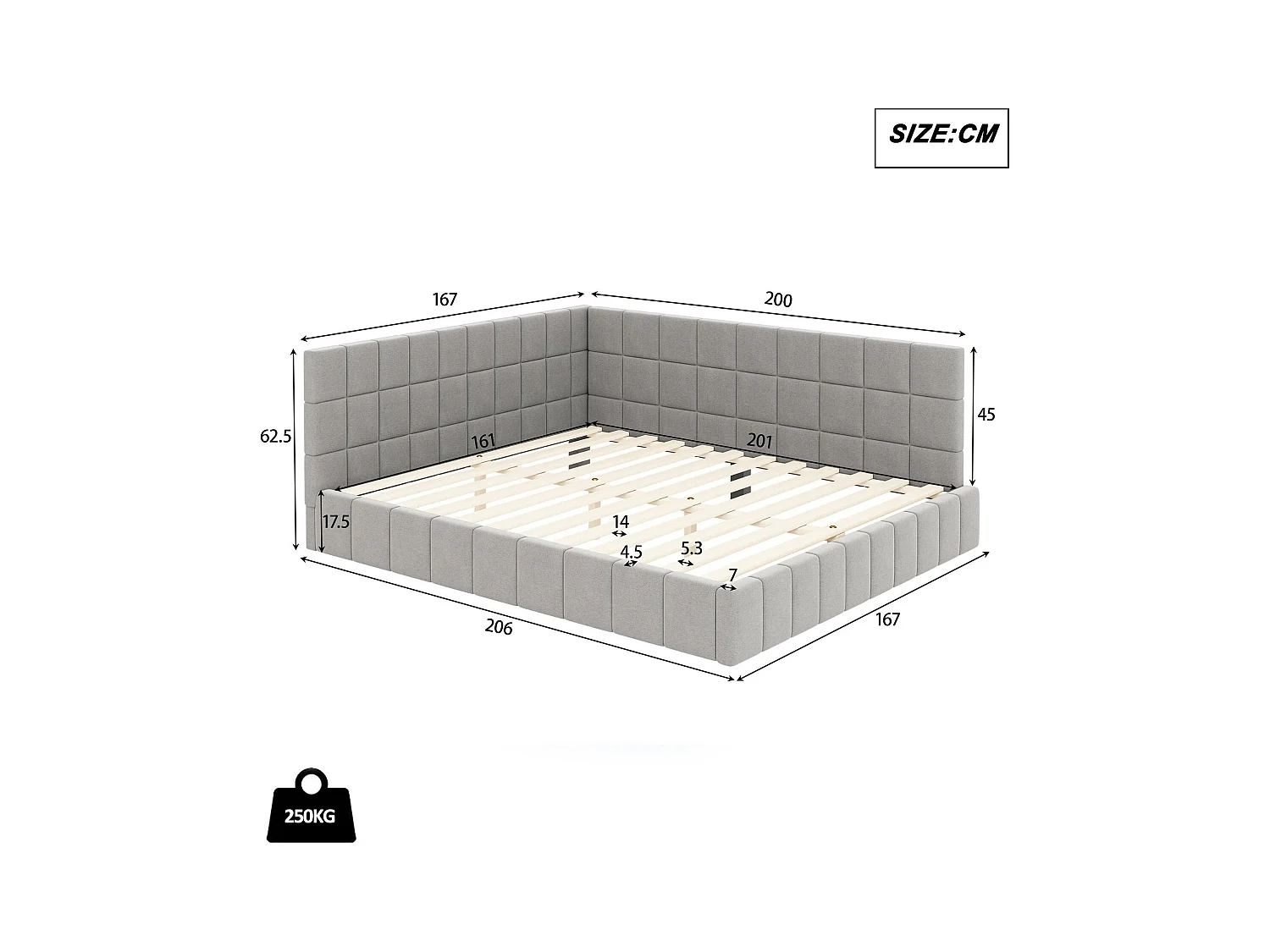 Lit adulte 160x200cm en velours avec clôture et sommier à lattes - Gris