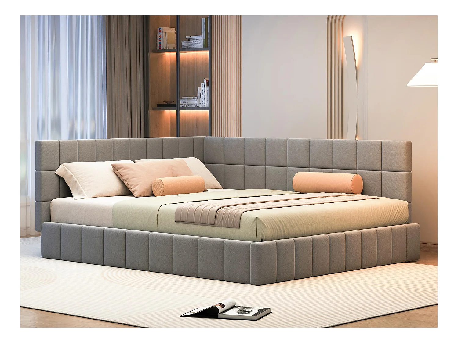 Lit adulte 160x200cm en velours avec clôture et sommier à lattes - Gris