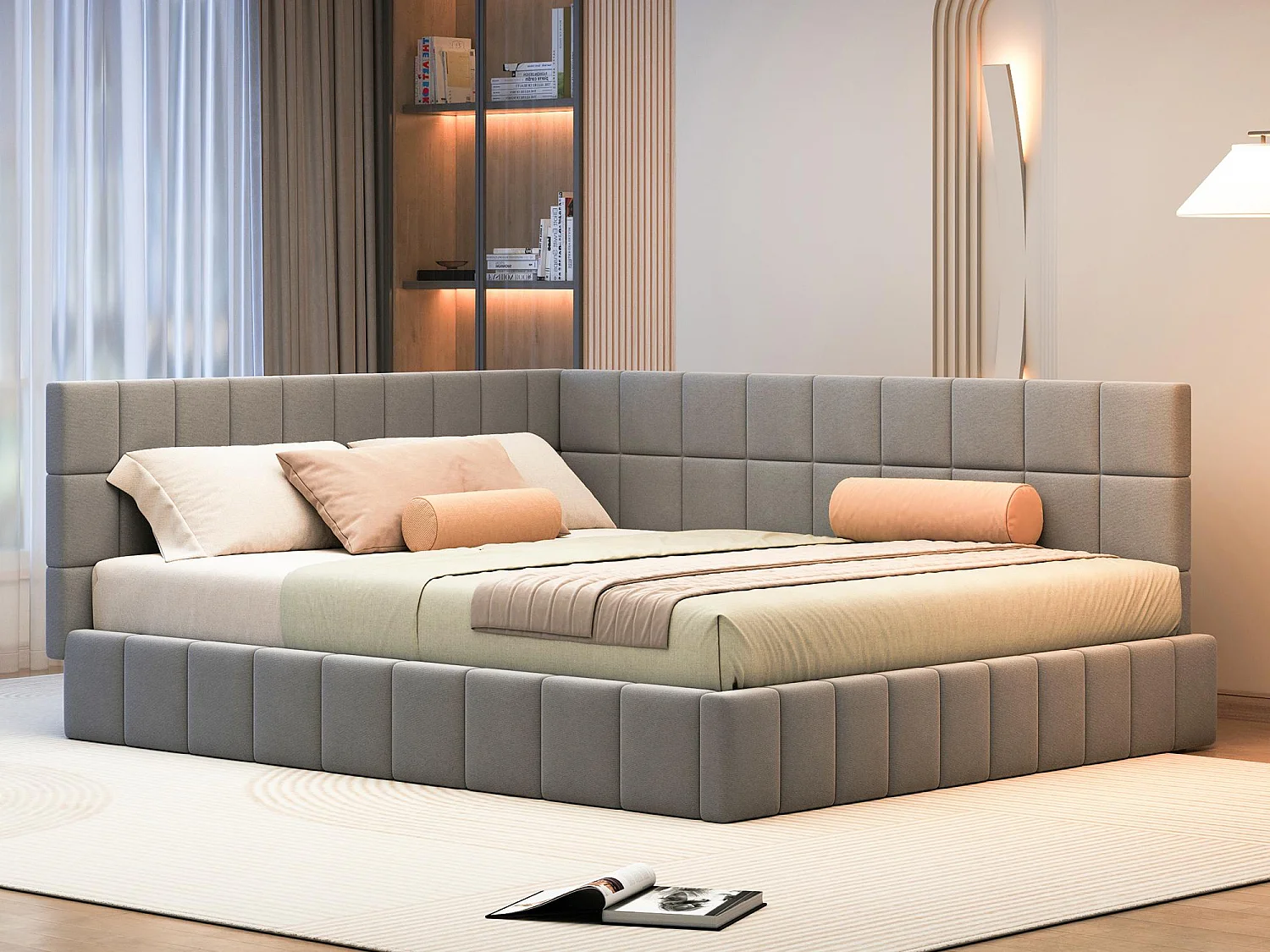 Erwachsenenbett 160x200cm aus Samt mit Zaun und Lattenrost - Grau