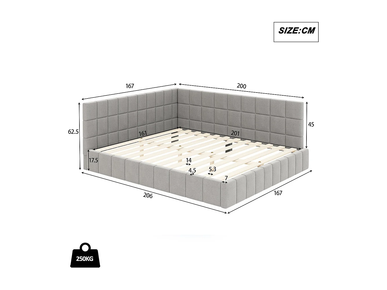 Erwachsenenbett 160x200cm aus Samt mit Zaun und Lattenrost - Grau