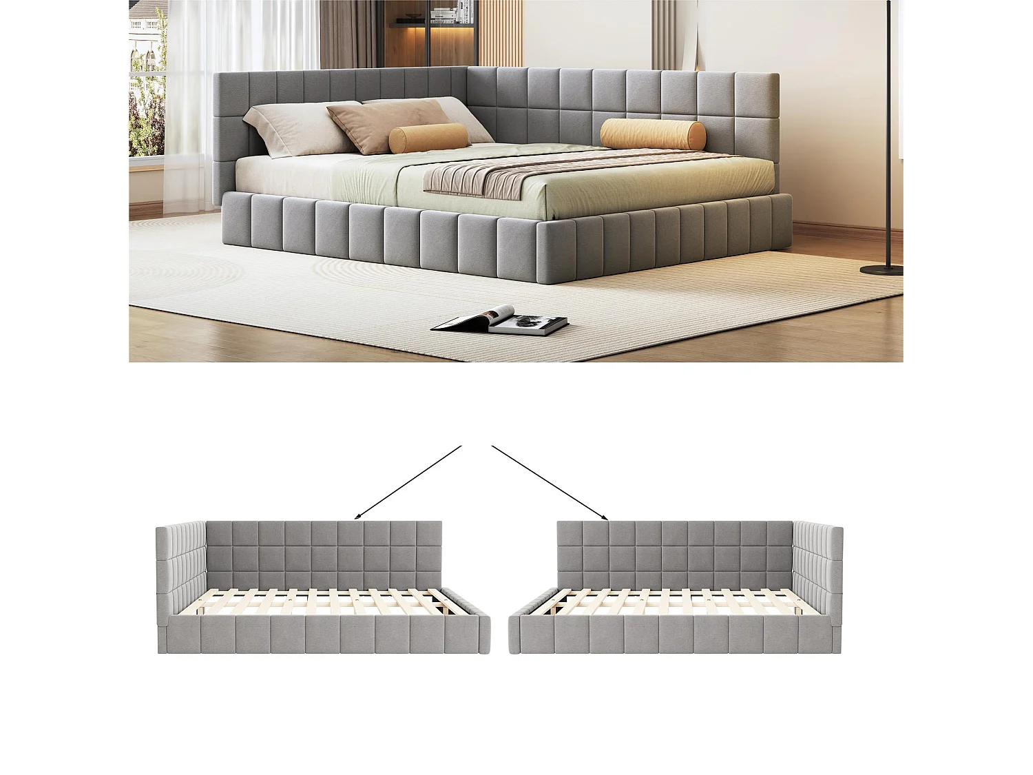 Erwachsenenbett 160x200cm aus Samt mit Zaun und Lattenrost - Grau