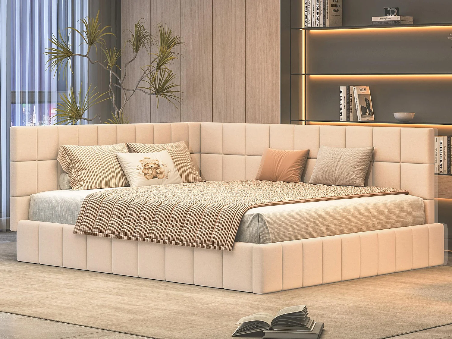 Lit adulte 160x200cm en velours avec clôture et sommier à lattes - Beige