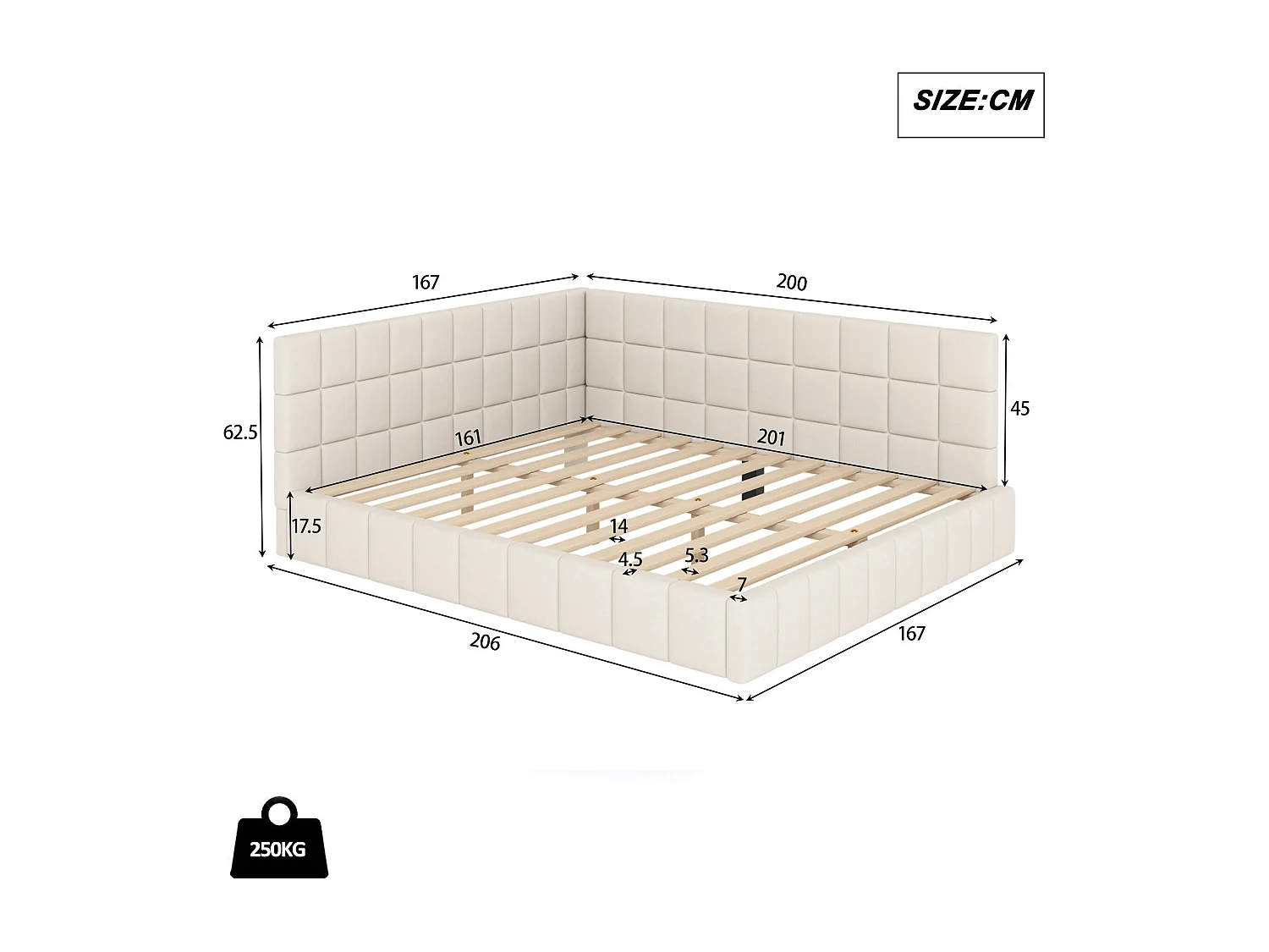 Lit adulte 160x200cm en velours avec clôture et sommier à lattes - Beige