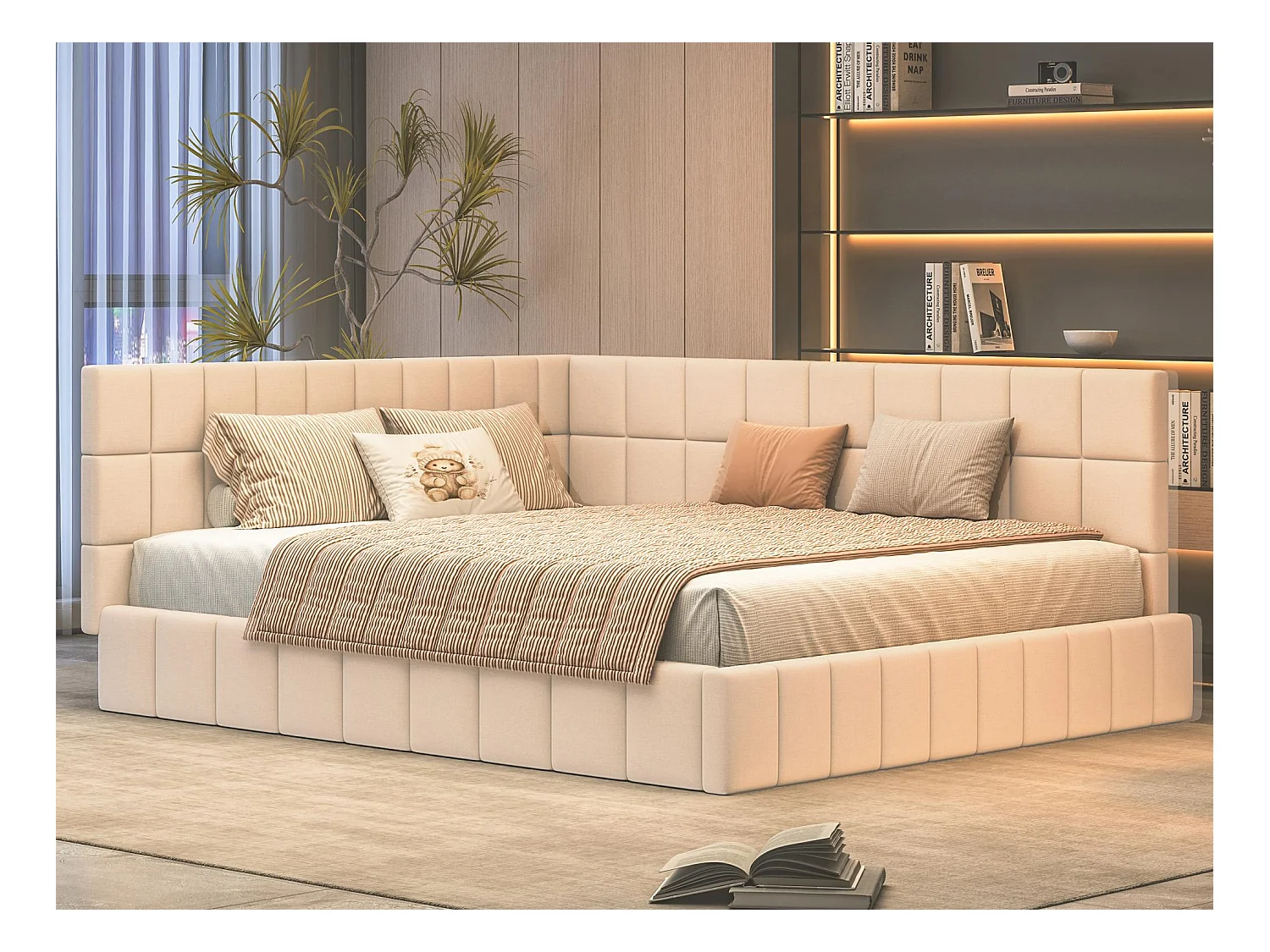 Erwachsenenbett 160x200cm aus Samt mit Zaun und Lattenrost - Beige