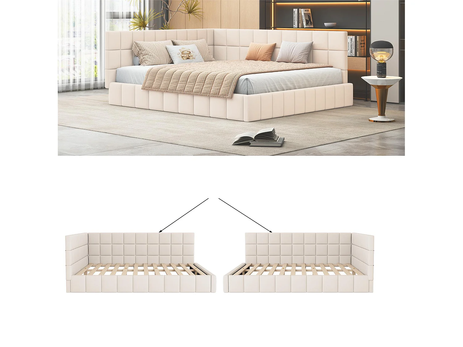 Lit adulte 160x200cm en velours avec clôture et sommier à lattes - Beige